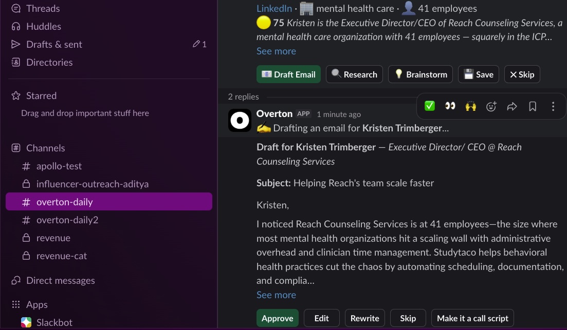 Overton delivering scored prospects inside a Slack channel