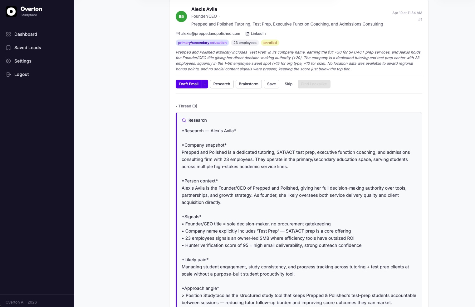 Overton web dashboard showing scored prospects with buying signals
